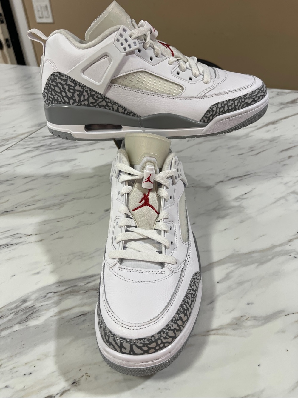 Jordan White Leather Sneakers with Gray Elephant Print and Red Jumpman - Picture 6 of 6